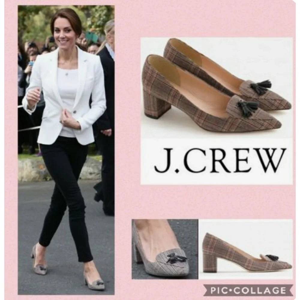 J.Crew Avery Women Italy‎ Plaid Tweed Tassel Block Heel Pumps Kate Middleton 7.5